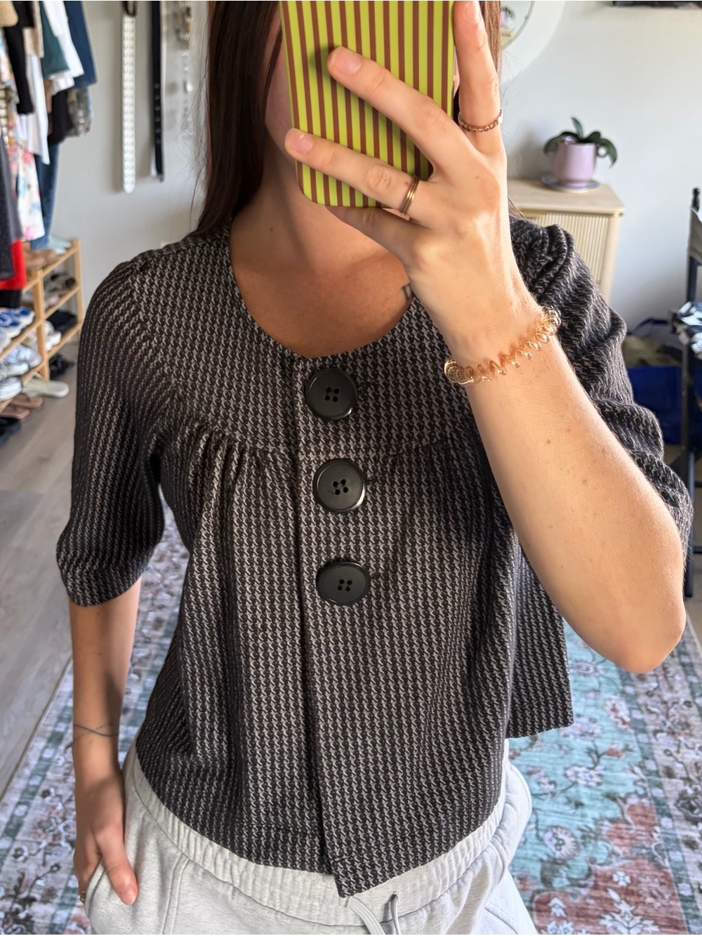 F.A.N.G. Houndstooth Babydoll Puff Sleeve Top Size L